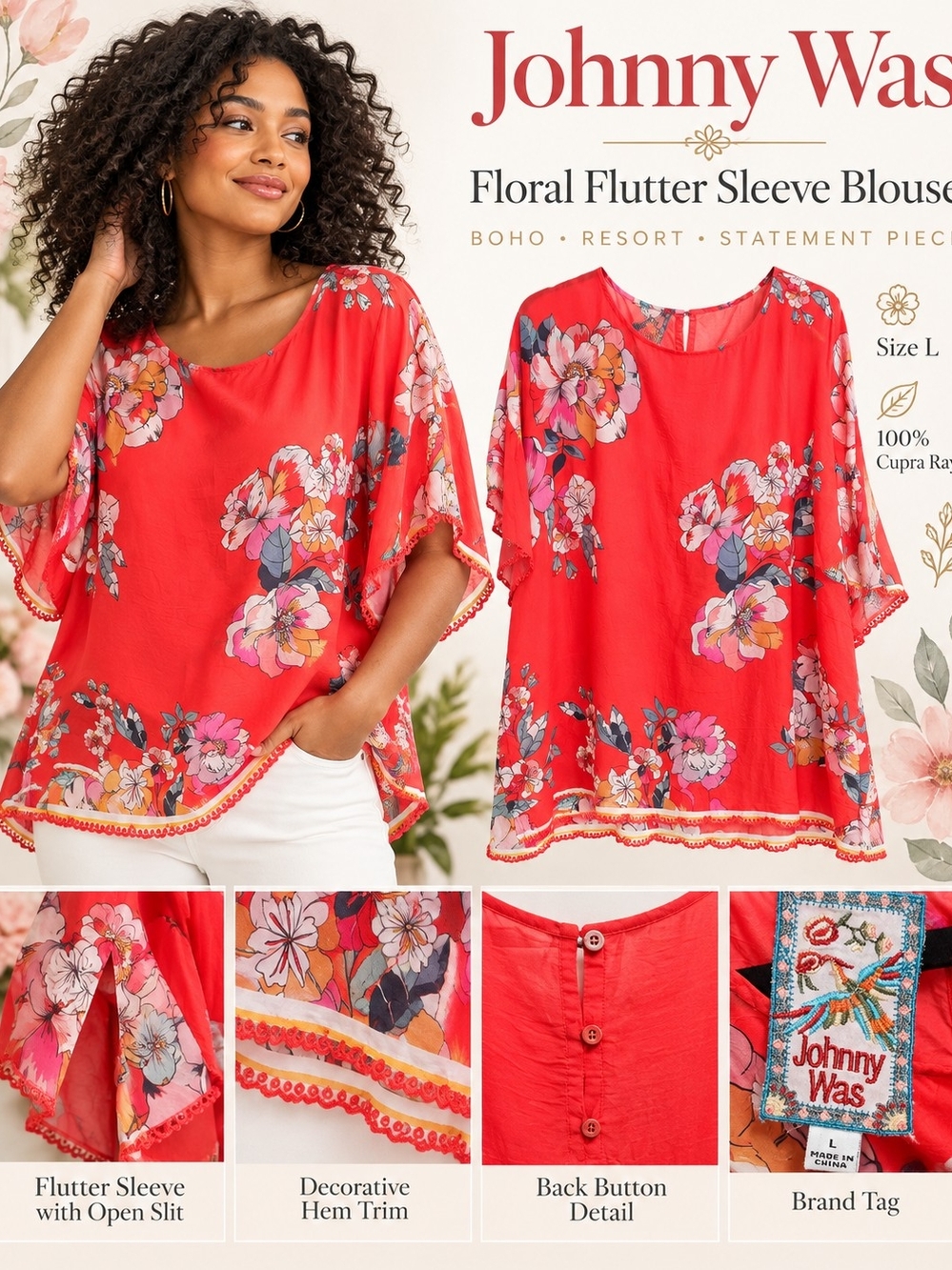 Johnny Was Floral Cupra Rayon Blouse / Tunic – Size Large